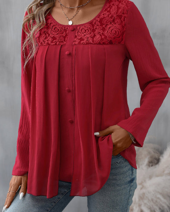 Elegant Button Lace Top with Round Neck
