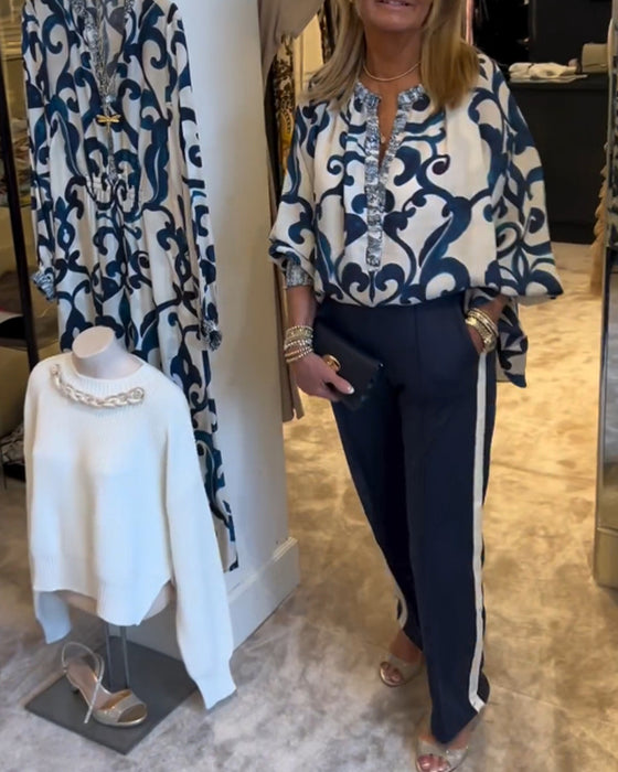 Retro pattern print lantern sleeve blouse