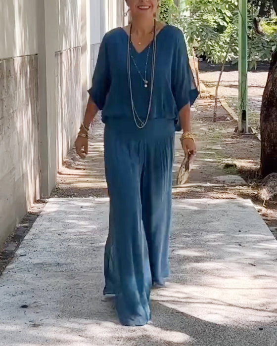 Solid color V-neck casual two-piece suit