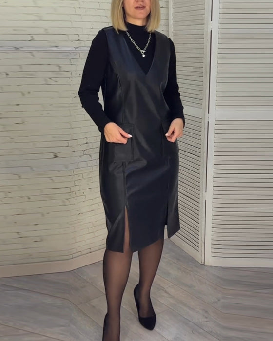 solid color dress with V-neck and Pocket