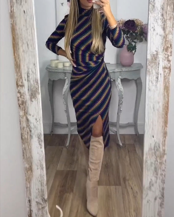 Sexy Dress with Striped and High Neck