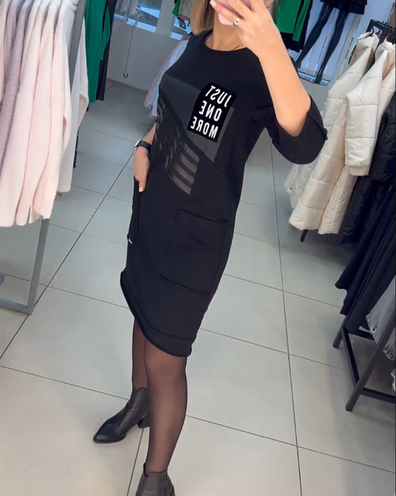 Pocket print Shift dress with Long Sleeve