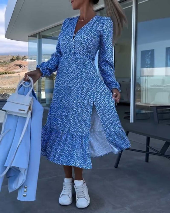 V-neck floral patchwork dressa