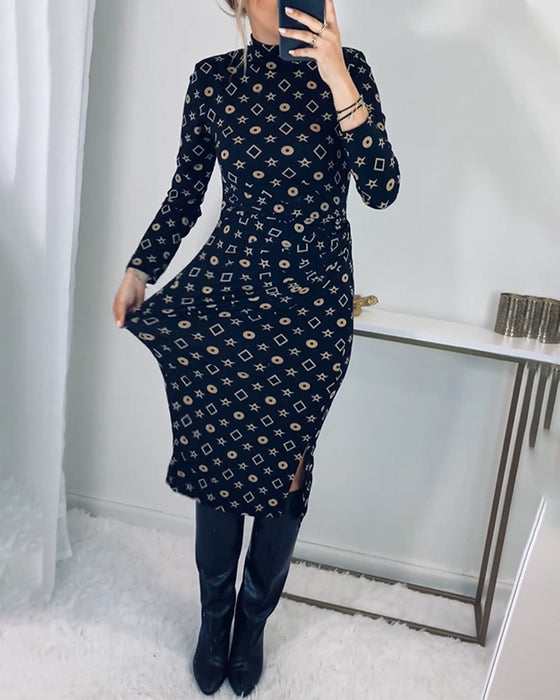 Elegant high neck geometric print dress