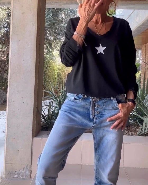 V-Neck Star Printed Top