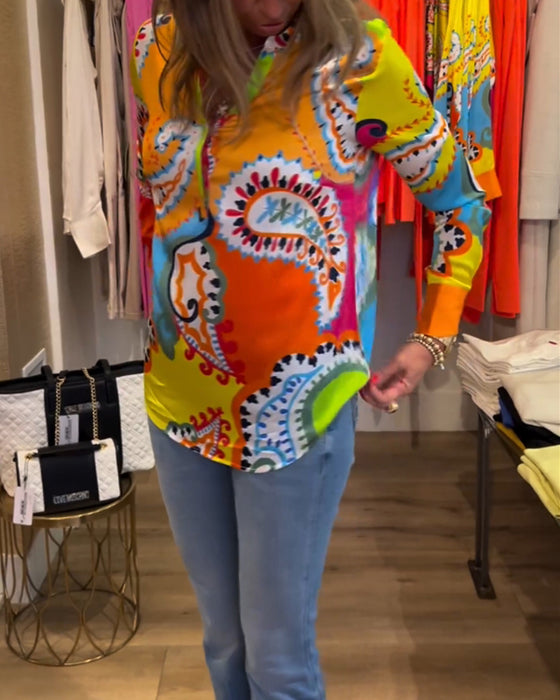 Colorful printed V-neck long-sleeve blouse