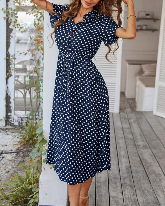 Polka Dot Drawstring Button Dress