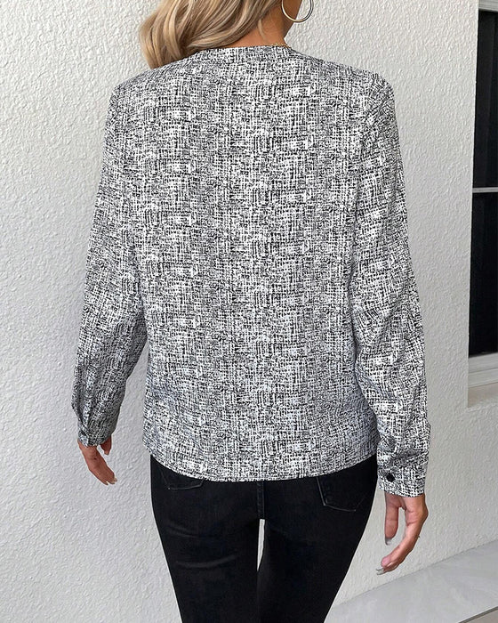 V-neck printed elegant long-sleeved blouse