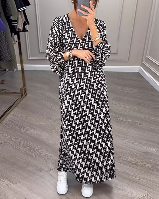 Printed geometric long-sleeved dress